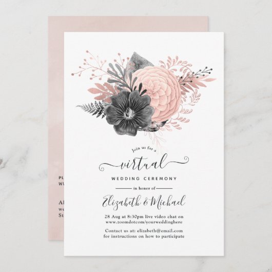 Pastel Blush en Charcoal Floral Virtual Wedding Kaart (Voorkant / Achterkant)