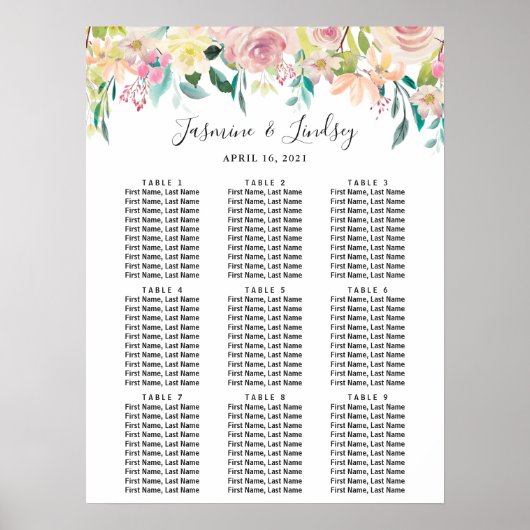 Pastel Blush Floral 9 Tables Wedding Seding Chart Poster (Voorkant)