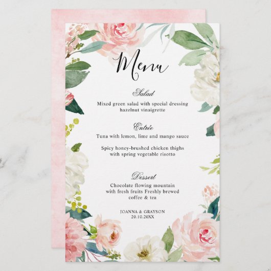 Pastel Blush  Floral Botanical WeddenMenu (Voorkant / Achterkant)