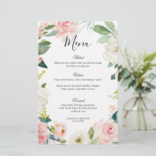 Pastel Blush Floral Botanical WeddenMenu (Staand voorkant)