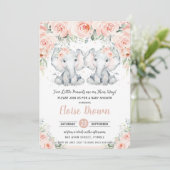 Pastel Blush Floral Elephant Twins Baby shower Kaart (Staand voorkant)