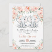 Pastel Blush Floral Elephant Twins Baby shower Kaart (Voorkant)