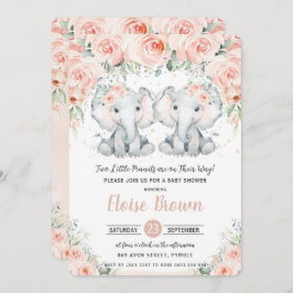 Pastel Blush Floral Elephant Twins Baby shower Kaart