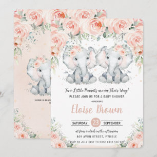 Pastel Blush Floral Elephant Twins Baby shower Kaart