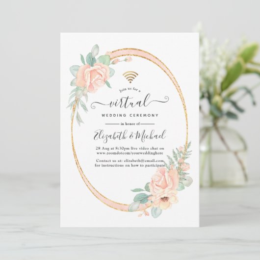 Pastel Blush Floral Geometric Virtual Weddenschap Kaart (Staand voorkant)