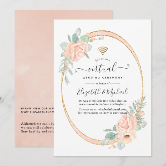 Pastel Blush Floral Geometric Virtual Weddenschap Kaart (Voorkant / Achterkant)