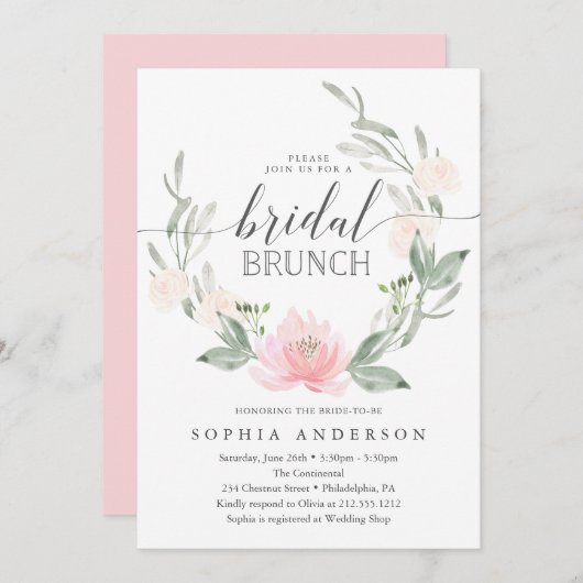 Pastel Blush Floral Greenery Bridal Brunch Kaart (Voorkant / Achterkant)