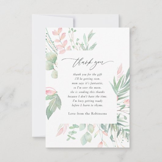 Pastel Blush Greenery Baby shower Bedankkaart (Voorkant)