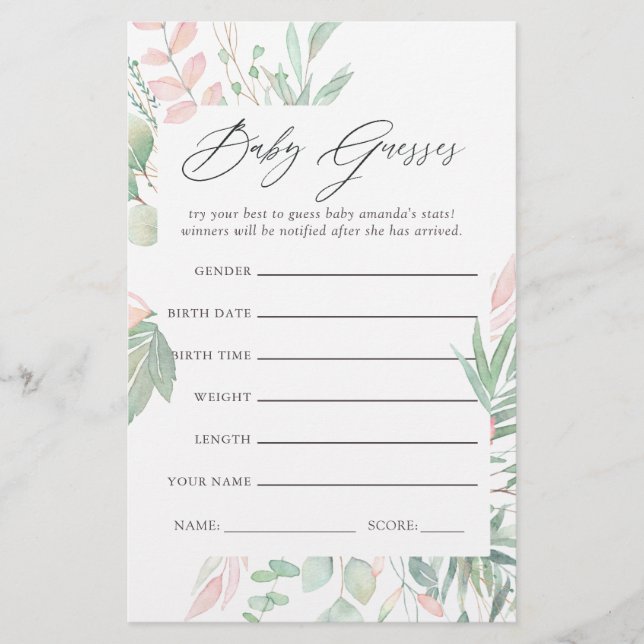 Pastel Blush Greenery Baby shower Guessing Game (Voorkant)