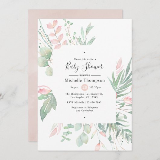Pastel Blush Greenery Baby shower Kaart (Voorkant / Achterkant)