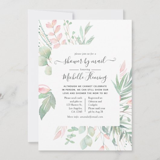 Pastel Blush Greenery Baby shower per mail Kaart (Voorkant)