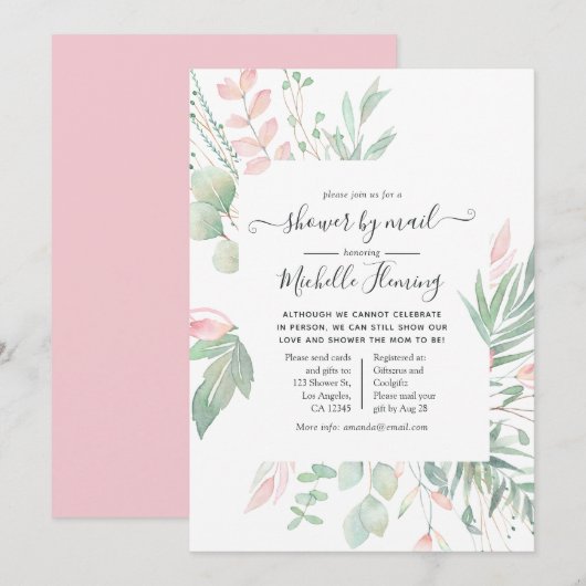 Pastel Blush Greenery Baby shower per mail Kaart (Voorkant / Achterkant)