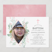 Pastel Blush Greenery Baptism of Christening Kaart (Voorkant / Achterkant)