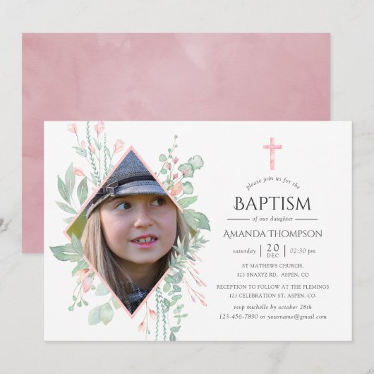 Pastel Blush Greenery Baptism of Christening Kaart (Voorkant / Achterkant)