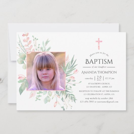 Pastel Blush Greenery Baptism of Christening Kaart (Voorkant)