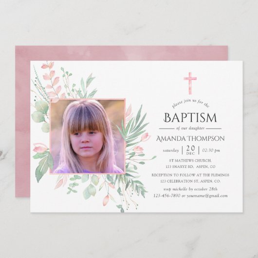 Pastel Blush Greenery Baptism of Christening Kaart (Voorkant / Achterkant)