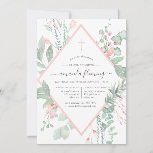 Pastel Blush Greenery Baptism of Christening Kaart (Voorkant)