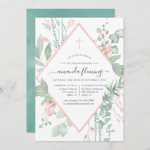 Pastel Blush Greenery Baptism of Christening Kaart