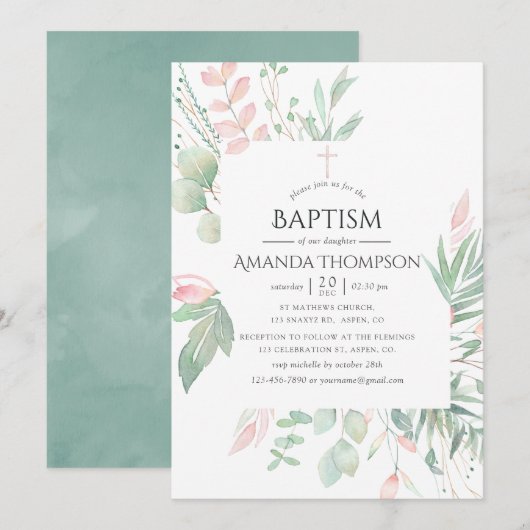Pastel Blush Greenery Baptism of Christening Kaart (Voorkant / Achterkant)