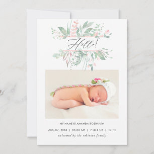 Pastel Blush Greenery Birth Announcement Kaart