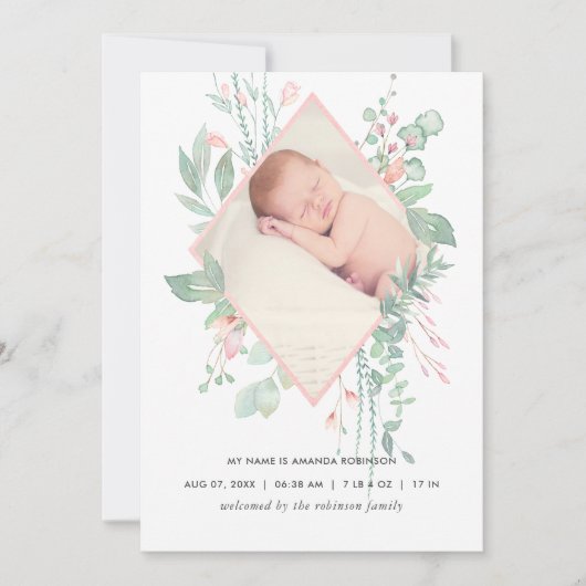 Pastel Blush Greenery Birth Announcement Kaart (Voorkant)