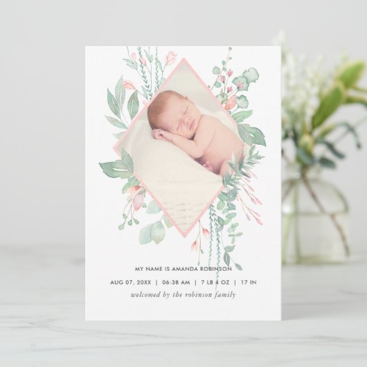 Pastel Blush Greenery Birth Announcement Kaart (Staand voorkant)