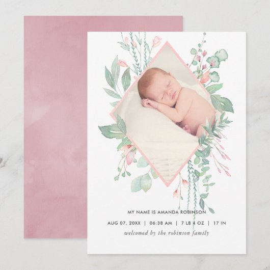 Pastel Blush Greenery Birth Announcement Kaart (Voorkant / Achterkant)