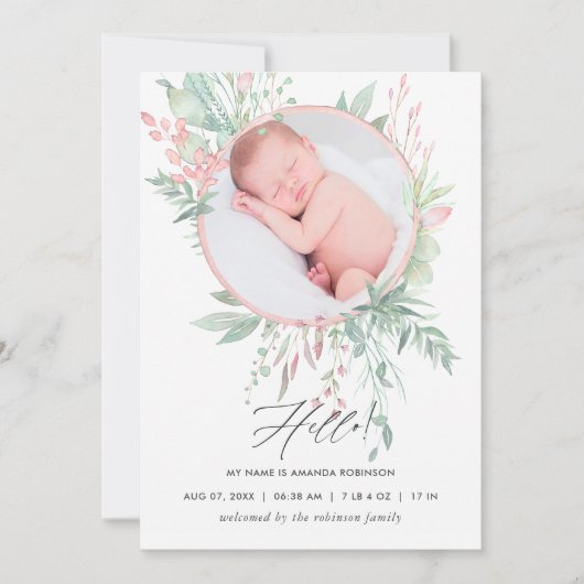 Pastel Blush Greenery Birth Announcement Kaart (Voorkant)