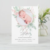 Pastel Blush Greenery Birth Announcement Kaart (Staand voorkant)