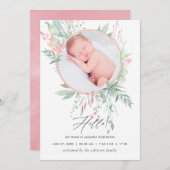 Pastel Blush Greenery Birth Announcement Kaart (Voorkant / Achterkant)