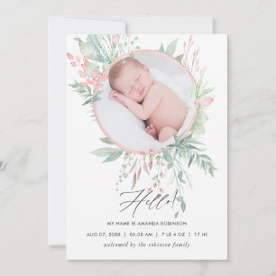 Pastel Blush Greenery Birth Announcement Kaart