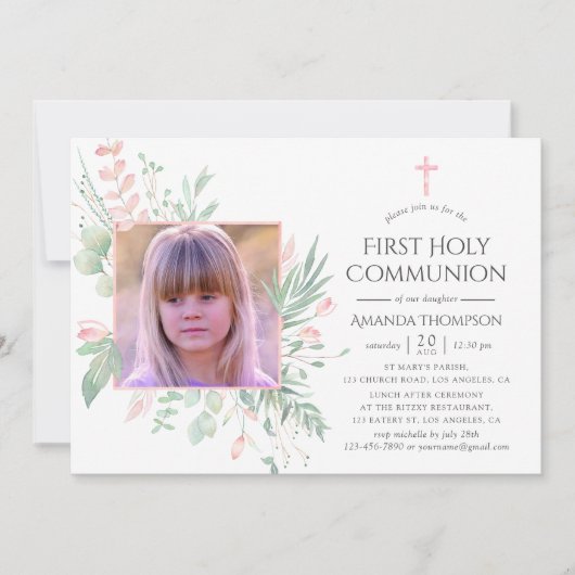 Pastel Blush Greenery First Heilige Communie Kaart (Voorkant)