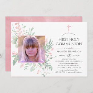 Pastel Blush Greenery First Heilige Communie Kaart