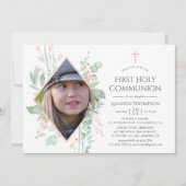 Pastel Blush Greenery First Heilige Communie Kaart (Voorkant)