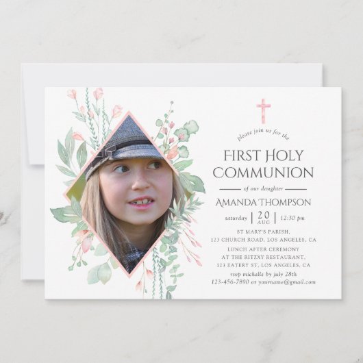 Pastel Blush Greenery First Heilige Communie Kaart (Voorkant)