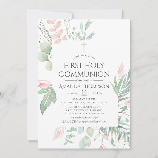 Pastel Blush Greenery First Heilige Communie Kaart (Voorkant)