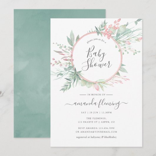 Pastel Blush Greenery Geometric Baby shower Kaart (Voorkant / Achterkant)