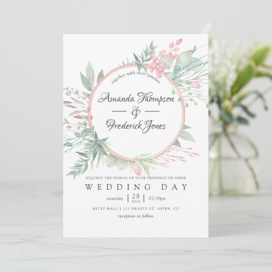 Pastel Blush Greenery Geometric Wedding Kaart (Staand voorkant)