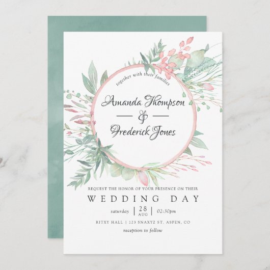 Pastel Blush Greenery Geometric Wedding Kaart (Voorkant / Achterkant)