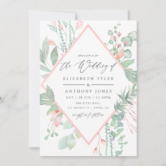 Pastel Blush Greenery Geometric Wedding Kaart (Voorkant)