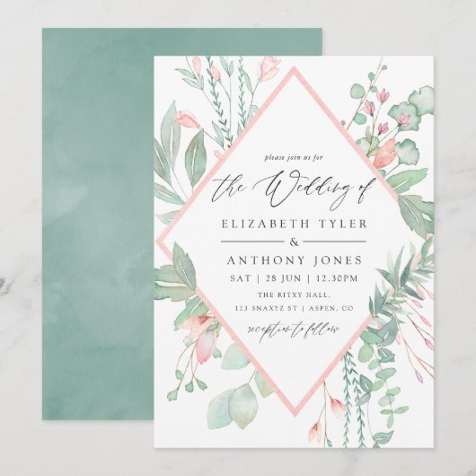 Pastel Blush Greenery Geometric Wedding Kaart (Voorkant / Achterkant)