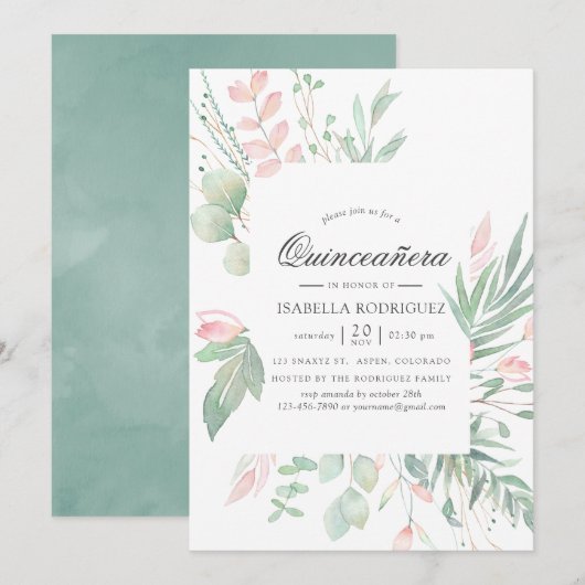 Pastel Blush Greenery Quinceañera Kaart (Voorkant / Achterkant)