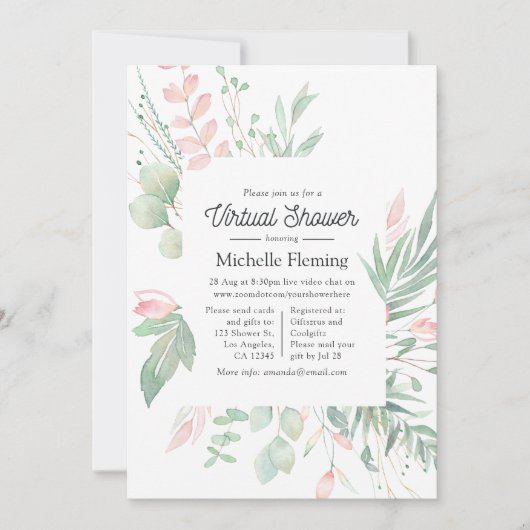 Pastel Blush Greenery Virtual Baby shower Kaart (Voorkant)