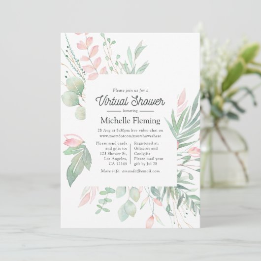 Pastel Blush Greenery Virtual Baby shower Kaart (Staand voorkant)