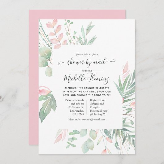 Pastel Blush Greenery Vrijgezellenfeest per mail Kaart (Voorkant / Achterkant)
