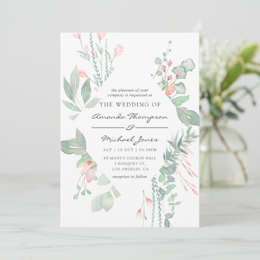 Pastel Blush Greenery Wedding Kaart (Staand voorkant)