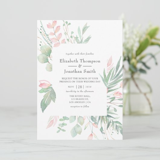 Pastel Blush Greenery Wedding Kaart (Staand voorkant)