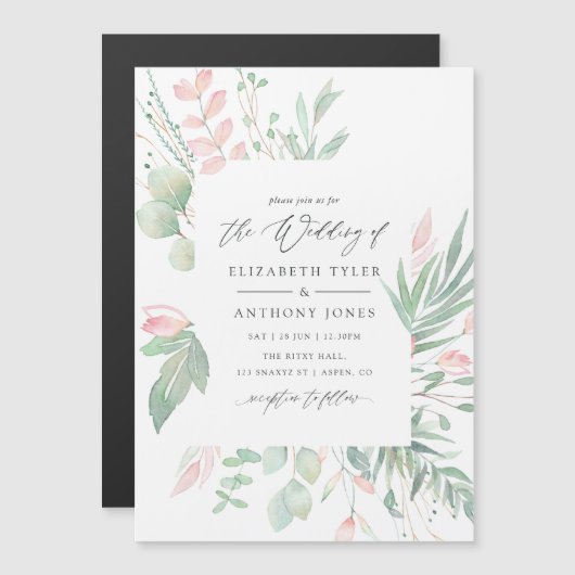Pastel Blush Greenery Wedding Magnetische Uitnodiging (Voorkant / Achterkant)