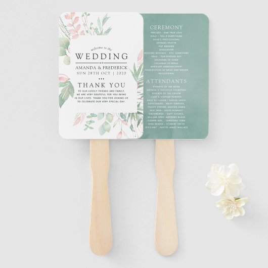 Pastel Blush Greenery Wedding Programme Handwaaier (Voorkant en achterkant)