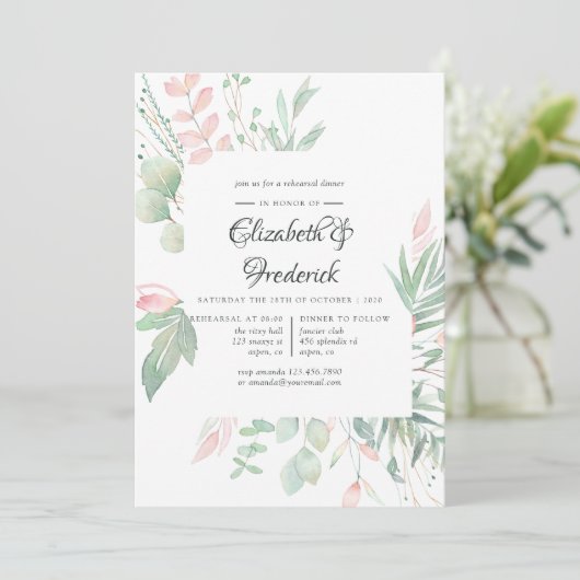 Pastel Blush Greenery Wedding Rehearsal Dinner Kaart (Staand voorkant)